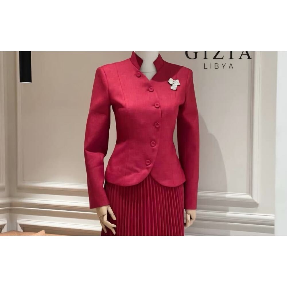 Gizia Classic Bordeaux Red Mandarin Collar Asymmetric Blazer Jacket Size 36 NWT